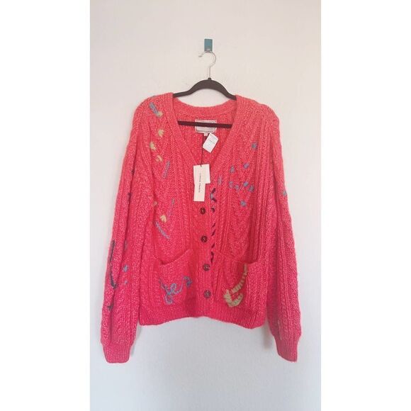 Lingua Franca - Embroidered Cable-knit Alpaca  Wool-blend Cardigan Coral Large - Picture 6 of 10